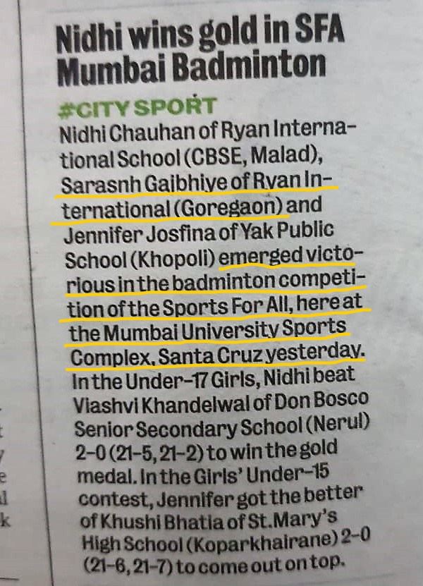 Ryan International School, Goregaon East student Nidhi wins gold in SFA Mumbai Badminton was featured in TOI - Ryan International School, Goregaon Eas